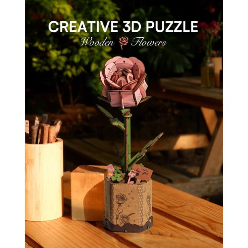 ROBOTIME 3D Puzzles Wooden Flower Pink Rose DIY Model Building Kit to Build for Adults Artifical Bouquet Botanical Collection Craft Brain Teaser Puzzle Creative Gift Home Decor