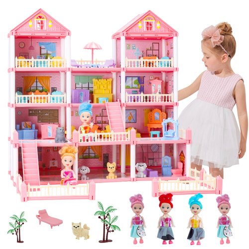 Dollhouse with 4-Story 11 Rooms,Princess Dream Gift Doll House Playset with 4 Dolls 2 Pet,DIY Pretend Playhouse with Stairs and Furniture,Christmas Toy Gift for Girls Ages 3 4 5 6 7 8 9 10 Year Old