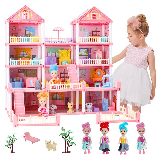 Dollhouse with 4-Story 11 Rooms,Princess Dream Gift Doll House Playset with 4 Dolls 2 Pet,DIY Pretend Playhouse with Stairs and Furniture,Christmas Toy Gift for Girls Ages 3 4 5 6 7 8 9 10 Year Old
