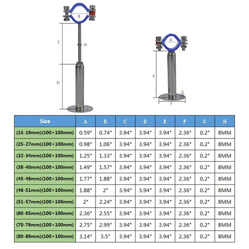 WYSIWYKA 2PCS 304 Stainless Steel Wall Mount Ceiling Mount Pipe Supports, Adjustable Pipe Strap Clamp with screws for OD Pipe 60-65mm, Adjustable Height 100-200mm