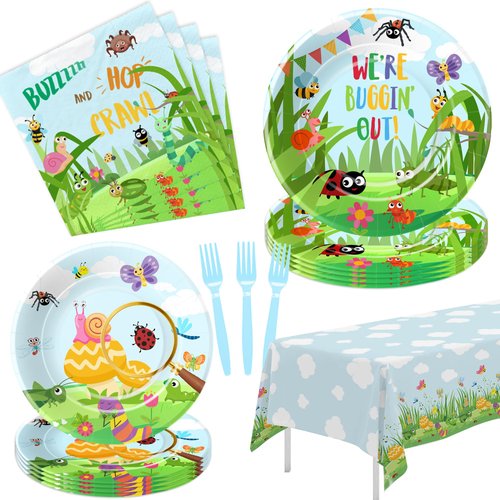APOWBLS Bug Birthday Party Decorations Dinnerware - Bug Birthday Party Supplies, Plate, Napkin, Tablecloth, Fork, Spring Summer Nature Insect Bug Theme Birthday Table Decorations Tableware | Serve 24