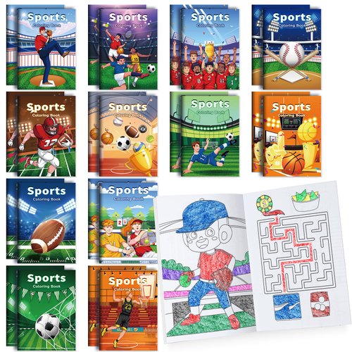 BenLouis 24 Pcs Sports Mini Coloring Books Kids Football Basketball Soccer Baseball Party Favors Small Activity Books Bulk for Kids Sports Birthday Goodie Bags Stuffers Return Gifts Classroom Travel