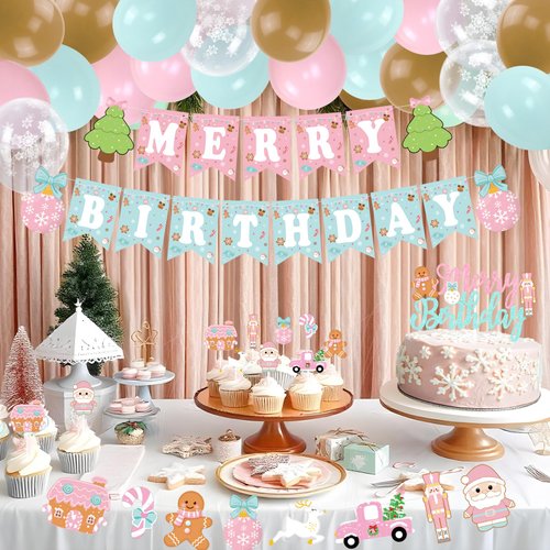 Christmas Birthday Party Decorations, Christmas Gingerbread Man Merry Birthday Party Banner Cake Topper Latex Balloons for Winter Holiday Xmas Theme Boys Girls Birthday Party Supplies
