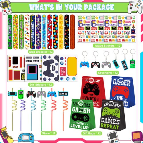 Video Game Party Favors 72 PCS Game Theme Slap Bracelets DIY Sticker Keychains Tattoo Sticker Plastic Straws Gift Bags for Kids Boys Game On Party Level Up Birthday Goodie Bag Fillers Classroom Reward
