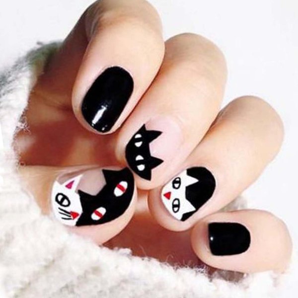 GLAMERMAID Press on Nails Extra Short Squoval, Cute Black White Cat Glue on Gel Nails, 24Pcs Nude Round Reusable UV Finish Fake Nails Acrylic False Nails Manicure Kits for Women Gift