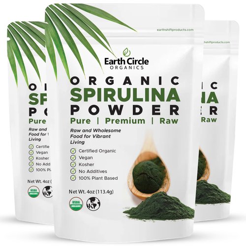 Earth Circle Organics Organic Spirulina Powder, Kosher, Raw and Non-Irradiated | Pure Vegan Protein | Premium Superfood, High in Amino Acids and Antioxidants - 4 Ounce (3 Packs)