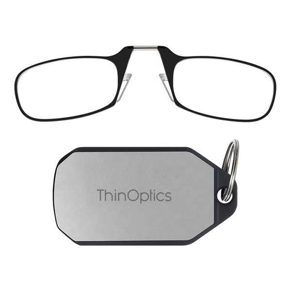 ThinOptics On- Nose Rectangular Portable & Convenient Readers for Men & Women, Thin & Durable Easily Attaches to Keychain, Backpack, Golf Bag, Blk Frames/Silver Case, 44 mm + 2.5