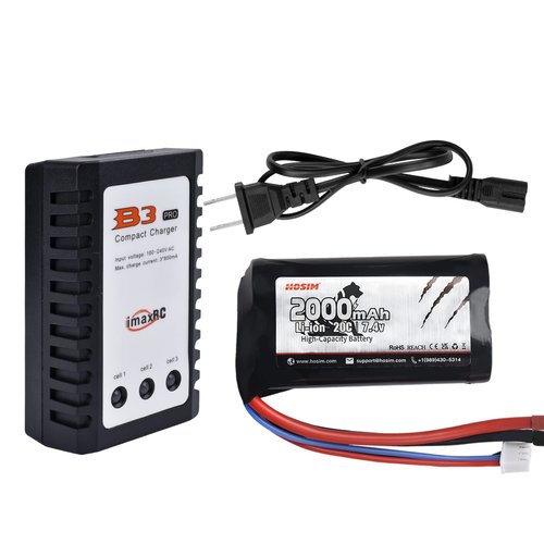 Hosim 1pcs 2S 7.4V 2000mAh 20C T Plug Female Connector Rechargeable Battery,1pcs Balance Charger Safe & Fast Charging for 9155 9156 Jumper T16 RC Cars Evader BX Truck UAV Drone FPV