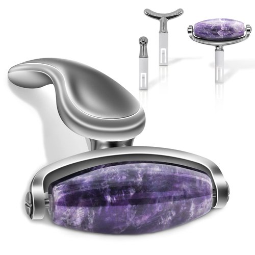 ROMALOVE Jade Facial Roller, Jade Face Roller Massager with 3 Interchangeable Heads for Women Routine Skin Care, Reduce Puffiness Wrinkling Rejuvenate Skin (Purple + Silver Black)