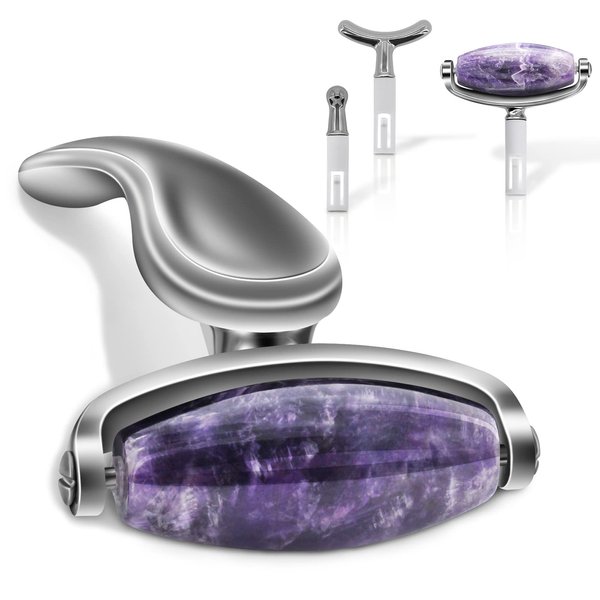 ROMALOVE Jade Facial Roller, Jade Face Roller Massager with 3 Interchangeable Heads for Women Routine Skin Care, Reduce Puffiness Wrinkling Rejuvenate Skin (Purple + Silver Black)