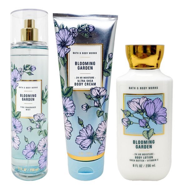 Bath & Body Works Blooming Garden - Trio Gift Set - Fine Fragrance Mist, Body Cream and Body Lotion.