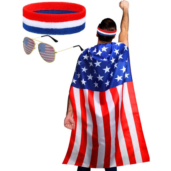 Frienda American Flag Costume Cape, Retro 80's USA Sunglasses and Flag Headband for 4th of July Independence Day Celebration