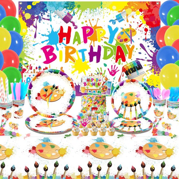 Art Birthday Party Supplies, Paint Party Supplies - Plates, Cups, Napkins, Forks, Knives, Spoons, Straw, Tablecloth, HAPPY BIRTHDAY Backdrop, Cake Topper, Balloon for Painting Party - 20 Guests