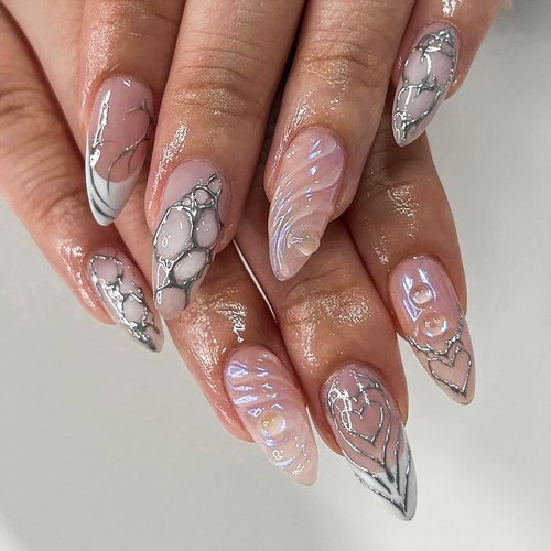 Press on Nails Medium Almond SWEKKE French Tip Fake Nails Nude Full Cover 3D Water Ripple False Nails with Silver Heart Designs Y2k Acrylic Nails Glossy Glue on Nails Artificial Nails for Women Girls