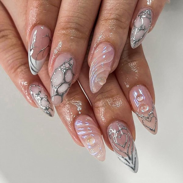 Press on Nails Medium Almond SWEKKE French Tip Fake Nails Nude Full Cover 3D Water Ripple False Nails with Silver Heart Designs Y2k Acrylic Nails Glossy Glue on Nails Artificial Nails for Women Girls