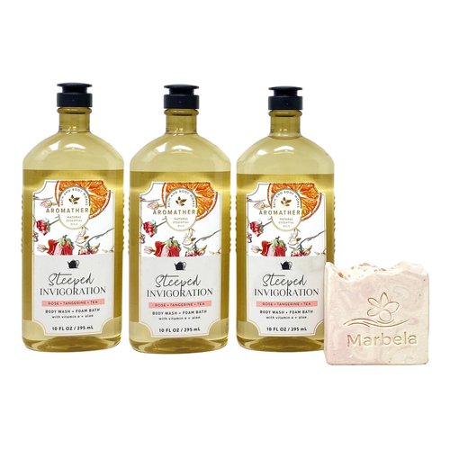 Bath & Body Works Aromatherapy Steeped Invigoration Rose + Tangerine + Tea 3 Pack Body Wash + Foam Bath Bundle with a Himalayan Salts Springs Bar Soap - Full Size