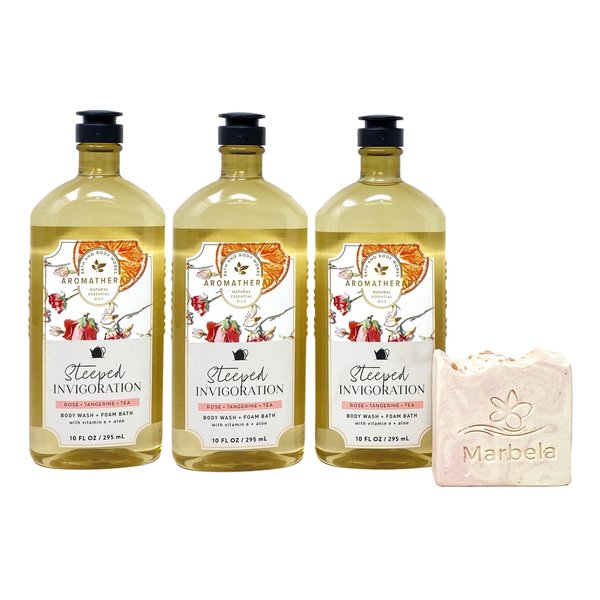 Bath & Body Works Aromatherapy Steeped Invigoration Rose + Tangerine + Tea 3 Pack Body Wash + Foam Bath Bundle with a Himalayan Salts Springs Bar Soap - Full Size