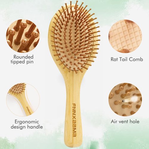 Bamboo Hair Brush Set, Eco-Friendly Anti-Static Detangling Comb Hairbrush, Mini Travel & Rat Tail Comb and Cleaning Tools for Women Men and Kids Thick/Thin/Curly/Dry Hair Gift