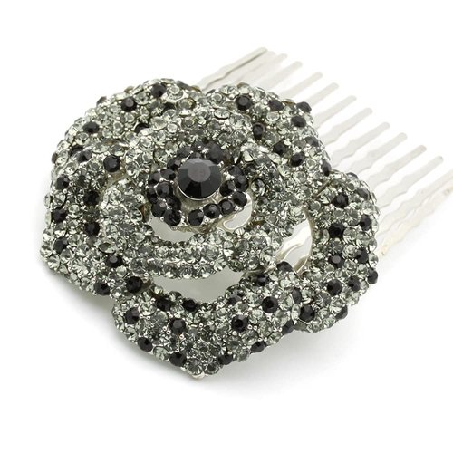Medium Decorative Hair Comb Rhinestone Crystal Rose Bridal Hair Comb, Black