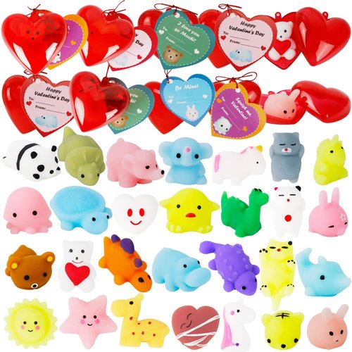 Ridota Kids Valentines Gifts, 28 Pcs Mochi Squishy Toys, Mochi Squishy Filled Hearts with Valentines Day Cards for Kids, Valentine Kids Party Favors Set for Valentine Kids Classroom Exchange