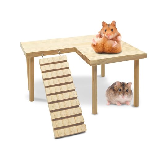 kathson Hamster Wooden Platform with Ladder Natural Small Animal Standing Platform Guinea Pig Cage Landscaping Platform for Small Animals Syrian Rat Golden Bear Chinchilla