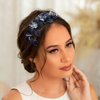 Formery Handmade Blue Flowers Headband Crystal Floral Hairband Wedding Prom Party Copper Wire Flower Bead Headpiece for Women and Girls