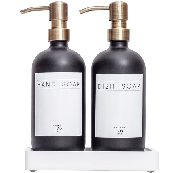 Janxin Glass Soap Dispenser for Kitchen,16oz Morden Hand and Dish Soap Dispenser with Stainless Steel Pump and Wood Tray,Bathroom Soap Dispenser with Waterproof Labels(Black Bottles+Bronze Pumps)