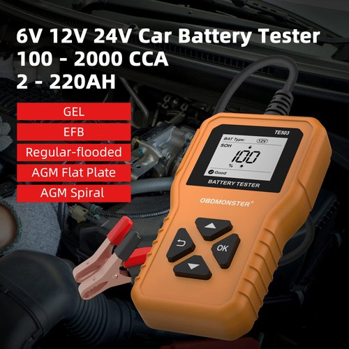 TE503 6V 12V 24V Car Battery Tester, 100-2000 CCA Voltage Tester 2Ah-220Ah Digital Auto Battery Analyzer Internal Resistance Tester Automotive Alternator for Cars/Trucks/Motorcycles/Boats