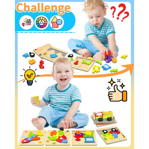 Wooden Puzzles Toddler Toys for 1 2 3 Years Old Boys Girls, 6 Vehicle Shape Learning Educational Blocks Birthday Gifts Sensory Toys Montessori Toys Age 1-3, 2-4