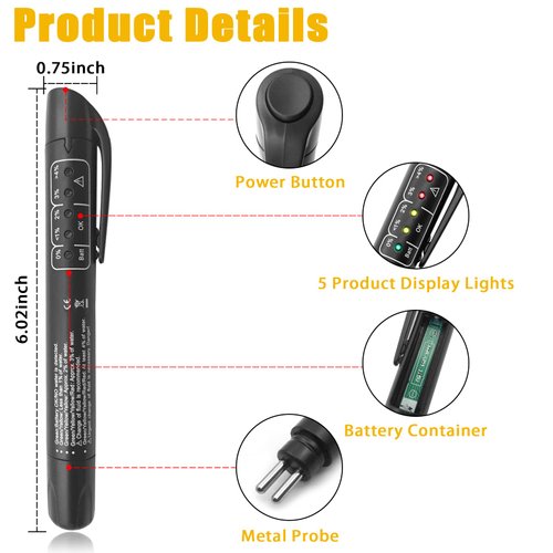 Brake Fluid Liquid Tester Pen, Brake Fluid Tester with 5 LED Indicators, Brake Fluid Liquid Testing Pen for DOT 3 DOT 4 DOT 5.1 Vehicle, Auto Tester Tool, Diagnostic Testing Tool