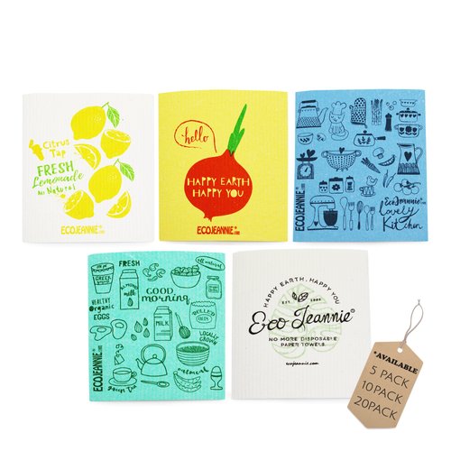 (5 Pack) EcoJeannie Eco-Friendly German Cleaning Cloth 100% Biodegradable Cellulose Sponge Cloths, Kitchen Cloths, GMO-Free, Reusable - Made in Germany Packaged in P.R.C.