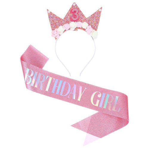 Gjinxi 3th Birthday Decorations for Girls Headband Glitter Crown Flower Princess Hairband Tiara Hair Accessory Hair Hoop Rose Gold Sash Cute Hair Band Clip for Party Take Photos (3rd Cute Crown)