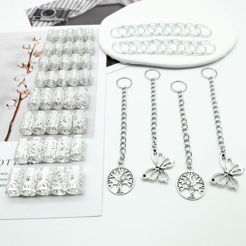 Loc Hair Jewelry Set - 64 Pieces for Dreadlocks Braiding, Butterfly Rings, Big Braids Hair Rings (Silver)