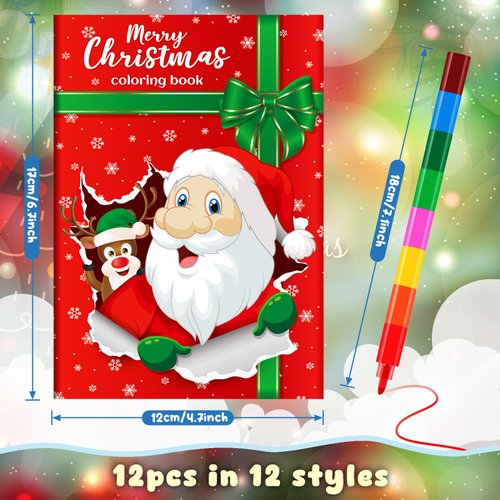 BenLouis Christmas Mini Coloring Activity Books Kids with Stacking Crayons Christmas Party Favors Bulk for Students Holiday Classroom School Gift Prizes Goodie Bags Stuffer （12set Coloring ）