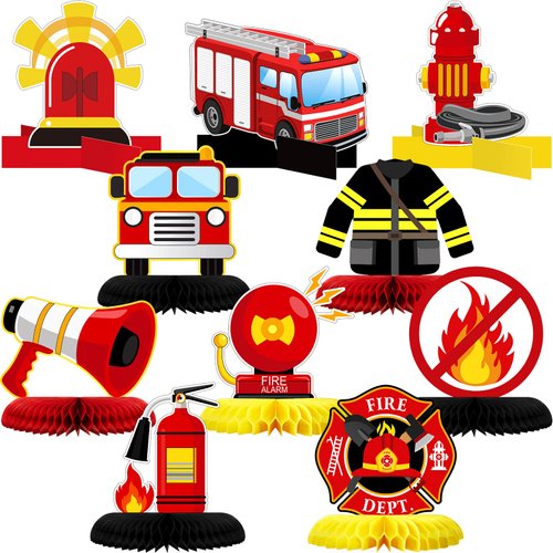 10 Pcs Firetruck Birthday Party Decorations Fire Truck Themed Table Supplies Firetruck Honeycomb ...