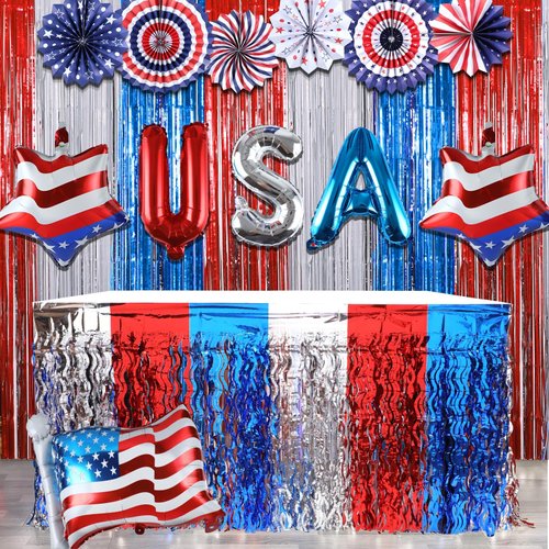 Patriotic Party Supplies Set USA Hanging Paper Fans Foil Fringe Curtains Backdrop Metallic Tinsel Table Skirt USA Flag Foil Balloon for Independence Day Party Supplies