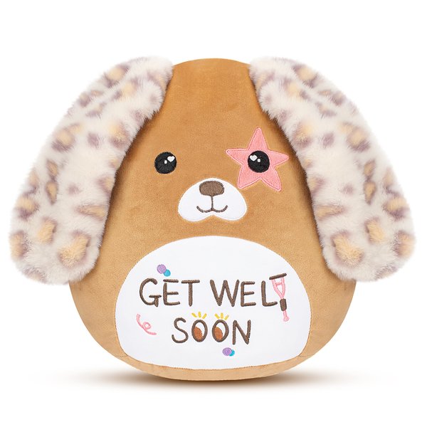 Easfan Get Well Soon Dog Plush Pillow Puppy Stuffed Animal with Floppy Long Ears, Cuddly Soft Toy Recovery Gifts for Patients Sick Girls Boys, Light Brown, 12"