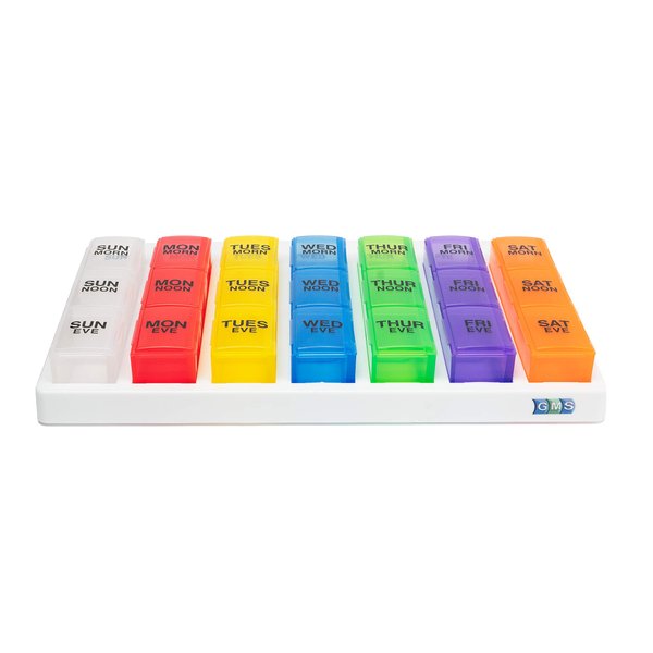 GMS 3 Times a Day Weekly Pill Reminder for Medication Vitamins and Supplements | White Tray with Removable Daily Boxes - Rainbow