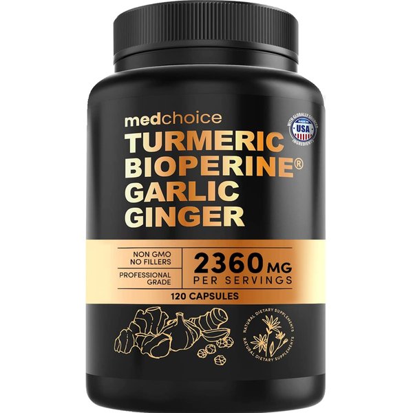 4-in-1 Turmeric and Garlic Supplements with Bioperine 2360 mg Turmeric Ginger Root Capsules with Garlic for Joint, Digestion & Immune Support (120 ct)
