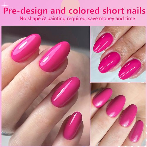AddFavor Oval Press on Nails Short Fake Nails, 240pcs Hot Pink Nails Press on Almond False Nail Full Cover Acrylic Nail for Women and Girls