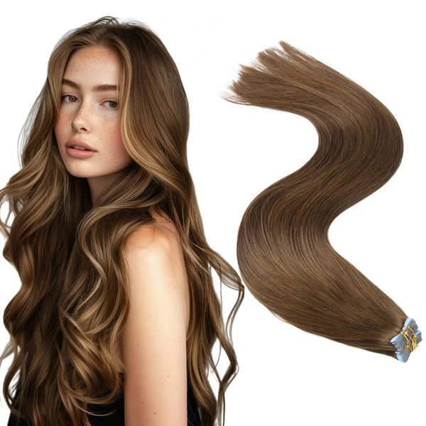 HEHUA Tape in Hair Extensions Human Hair, 4 Chocolate Brown, Tape Hair Extensions, 22 inches 100g 40pcs Straight Seamless Skin Weft, Invisible Tape in Extensions Thick Ends Real Remy Hair Extensions