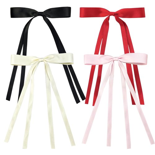 SALOCY Hair Ribbon for Women Girls,4 PCS Hair Ribbons Hair Bows Clips With Long Tail,Big Ribbon Bows Satin Hair Clip for Hair Design (Pink,Red,Black,Beige)