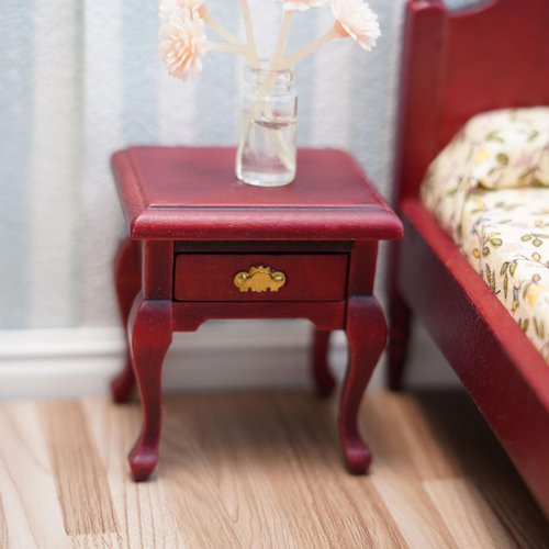 Miniature Furniture 1:12 Bedside Table Dollhouse Accessories Wooden Nightstand Vintage Living Room Bedroom Scene Bedroom Bedsides End TableHouse Model Decoration (Red)