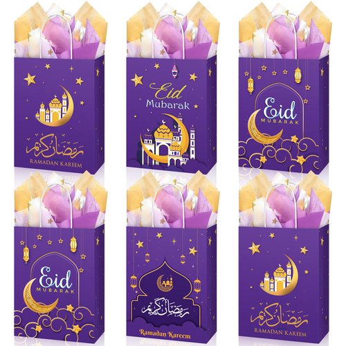 24 Pcs Eid Gift Bag with Tissue Paper Eid Candy Bags with Handle Mubarak Goodie Bag Gift Bag for Ramadan Mubarak Eid Event Muslim Party Eid Al Fitr Party Eid Decoration Supplies, 4 Designs (Purple)