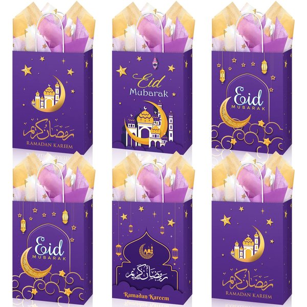 24 Pcs Eid Gift Bag with Tissue Paper Eid Candy Bags with Handle Mubarak Goodie Bag Gift Bag for Ramadan Mubarak Eid Event Muslim Party Eid Al Fitr Party Eid Decoration Supplies, 4 Designs (Purple)