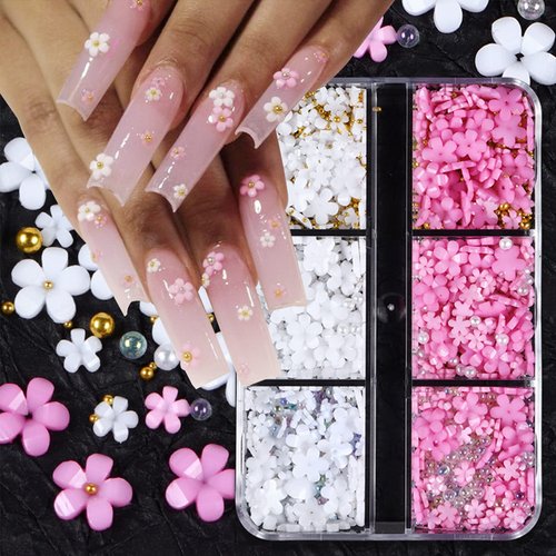 VOTACOS 3D Flower Nail Art Charms White Pink Nail Charms for Acrylic Nails Gold Silver Pearls Nail Supplies Rhinestones Spring Blossom Gems Nail Accessories for Women DIY Nail Decorations Design.