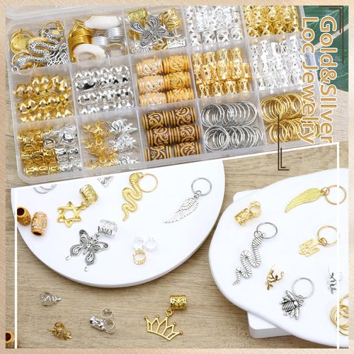 VENOFEN 232PCS Hair Jewelry for Braids Butterfly Braid Clips Silver Loc Jewelry Gold Dreadlock Beads Wooden Beads for Hair Metal Cuffs Rings Braids Accessories Hair Decoration for Women and Girls