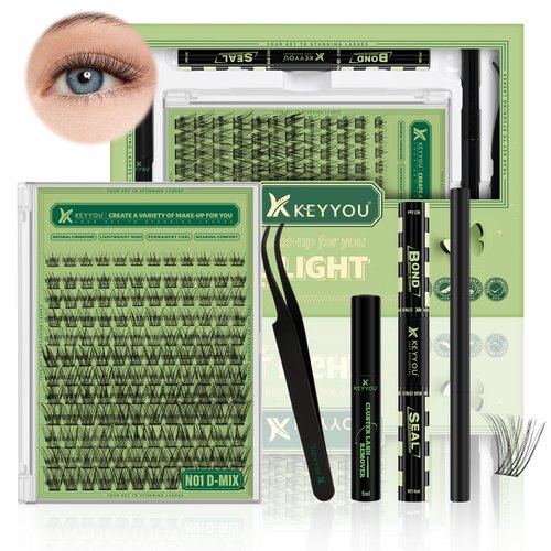 Natural Lash Clusters Kit 144Pcs DIY Lash Extension Kit Wispy Eyelash Extensions Kit D Curl 8-18MIX with Bond and Seal and tweezers with Thin Lash Band by KEYYOU（KIT-N01-D-8-18MIX）