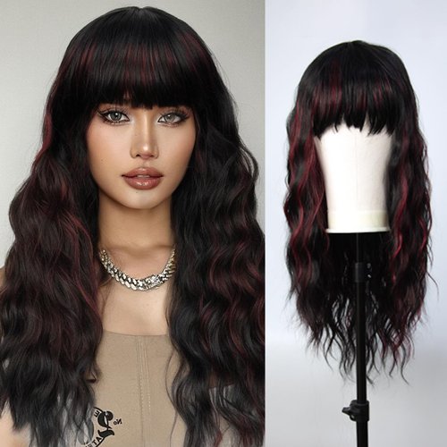 Qingchuang Red Highlights Hair Wigs 20 inch Red and Black Body Wave Wig with Bangs, Heat Resistant Curl Wigs for Women, Adjustable Bangs Length,Natural Curly Wigs for Cosplay and Party Use Wig