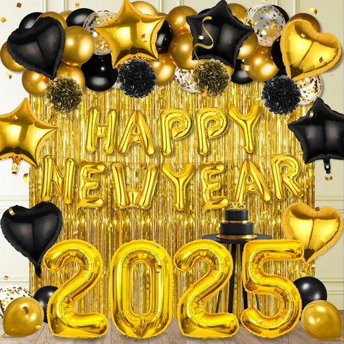 Black Gold Happy New Year Decorations 2025 Happy New Year Letter Foil Balloons Gold Fringe Curtains Backdrop Pom Poms Balloons Arch Garland Kit for New Years Eve Party Favors Supplies